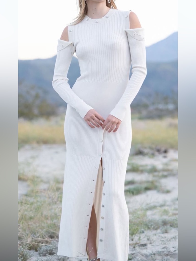 Noel 4-In-1 Slim Ribbed Long-Sleeve Button-Trim Maxi Dress In White